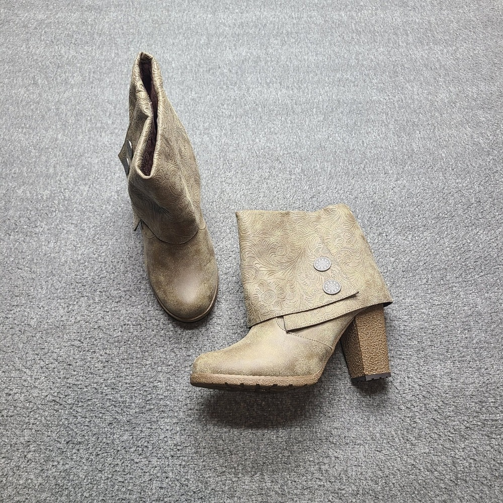 MUK‎ LUKS Ankle Boots Womens 6 Tan Good Embossed Fold Over Chunky Heel Lug Sole